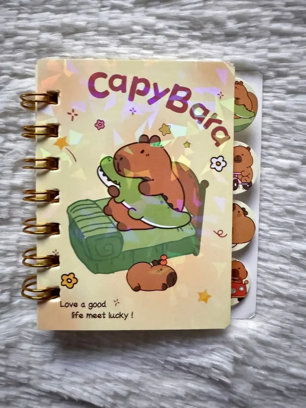 Capybara A6 spiral mini notebook with cute capybara with an alligator on a bed